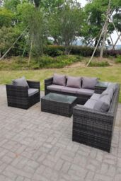 Fimous Grey Rattan Sofa Outdoor Garden Furniture Rectangular Coffee Table Set Patio in Dark Grey - thumbnail 2