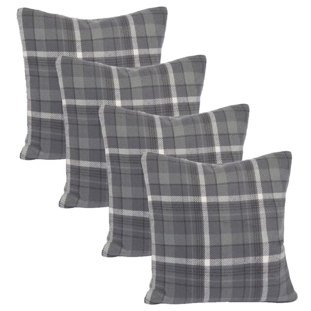"OHS Woven Check Cushion Covers Tartan Pack of 2 Filled Case Pad Set 18"" x 18"" Home in Charcoal - Size: 45 cm x 45 cm"