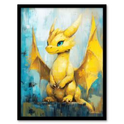 Artery8 Cute Yellow Baby Dragon Fantasy Oil Painting Framed Art Print - Size: A4 - thumbnail 1