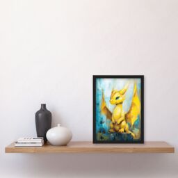 Artery8 Cute Yellow Baby Dragon Fantasy Oil Painting Framed Art Print - Size: A4 - thumbnail 4