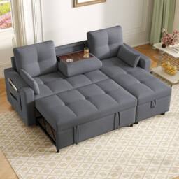 BTM L Shaped Sofa Bed Pull Out Sleeper Storage Cup Holders Sofa in Grey - thumbnail 2
