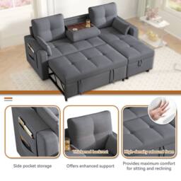 BTM L Shaped Sofa Bed Pull Out Sleeper Storage Cup Holders Sofa in Grey - thumbnail 7