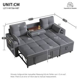 BTM L Shaped Sofa Bed Pull Out Sleeper Storage Cup Holders Sofa in Grey - thumbnail 9