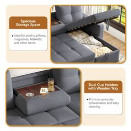 BTM L Shaped Sofa Bed Pull Out Sleeper Storage Cup Holders Sofa in Grey - thumbnail 6