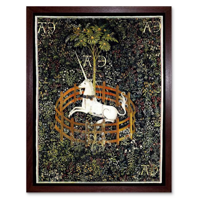 "Artery8 Wall Art Print Unicorn Rests in a Garden Medieval Mythical Animal Nature Art Middle Ages Tapestry Art Framed in Brown - Size: W12"" x H16""" - image 1