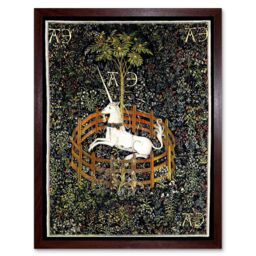 "Artery8 Wall Art Print Unicorn Rests in a Garden Medieval Mythical Animal Nature Art Middle Ages Tapestry Art Framed in Brown - Size: W12"" x H16""" - thumbnail 1