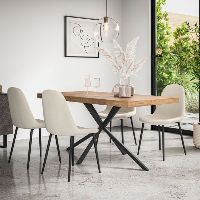 More4Homes Donni Dining Table & Chairs - Oak Effect Table Top w Black Legs + Maya Boucle Dining Chair Set Of 6 in Ivory - image 1