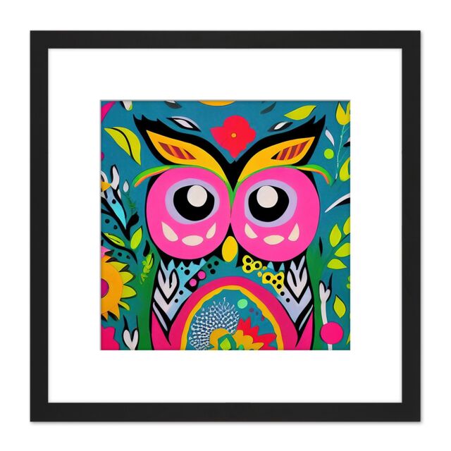 Artery8 Funky Abstract Owl Vibrant Colourful Patterns Flowers Pink Yellow Illustration Square Wooden Framed Wall Art Print Picture 8X8 Inch in Black - image 1