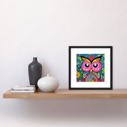 Artery8 Funky Abstract Owl Vibrant Colourful Patterns Flowers Pink Yellow Illustration Square Wooden Framed Wall Art Print Picture 8X8 Inch in Black - thumbnail 2