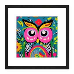 Artery8 Funky Abstract Owl Vibrant Colourful Patterns Flowers Pink Yellow Illustration Square Wooden Framed Wall Art Print Picture 8X8 Inch in Black - thumbnail 1