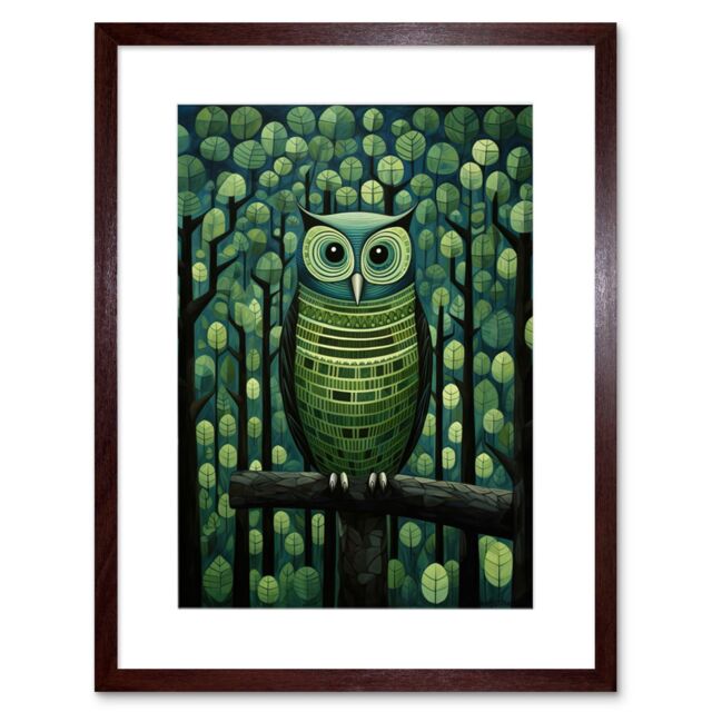 "Artery8 Wall Art Print Sage Green Owl Perched in Geometric Forest Night Dusk Artwork Framed 9X7 Inch in Brown - Size: W7"" x H9""" - image 1