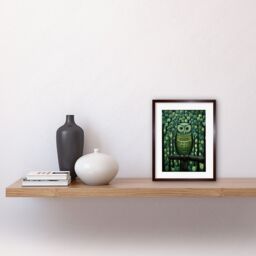 "Artery8 Wall Art Print Sage Green Owl Perched in Geometric Forest Night Dusk Artwork Framed 9X7 Inch in Brown - Size: W7"" x H9""" - thumbnail 2