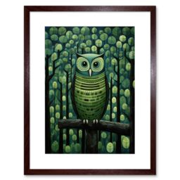 "Artery8 Wall Art Print Sage Green Owl Perched in Geometric Forest Night Dusk Artwork Framed 9X7 Inch in Brown - Size: W7"" x H9""" - thumbnail 1