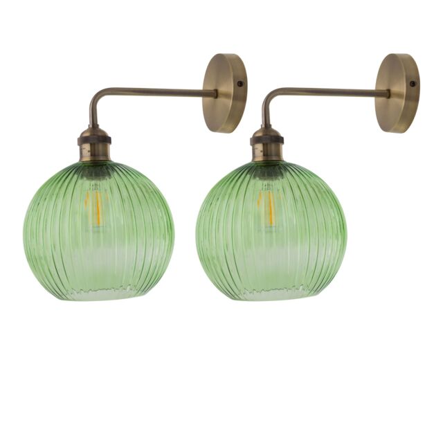 First Choice Lighting Set of 2 Isaac - Antique Brass Wall Lights with Green Ribbed Shades in Bronze - image 1