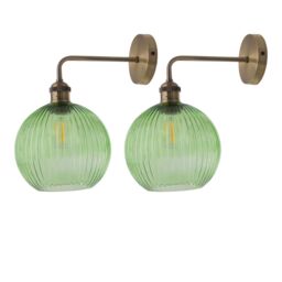 First Choice Lighting Set of 2 Isaac - Antique Brass Wall Lights with Green Ribbed Shades in Bronze