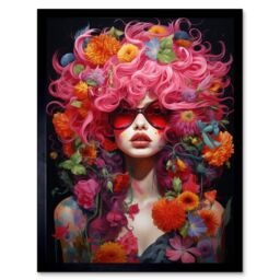 Artery8 Wall Art Print Flowerpunk Woman with Pink Hair & Flowers Vibrant Artwork Orange Pink Blue on Black High Detail Portrait Art Framed - thumbnail 1