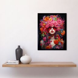 Artery8 Wall Art Print Flowerpunk Woman with Pink Hair & Flowers Vibrant Artwork Orange Pink Blue on Black High Detail Portrait Art Framed - thumbnail 2