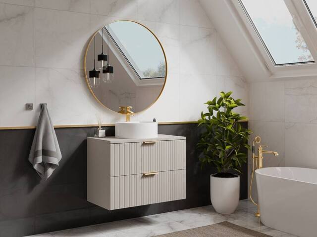 Vente-unique Fluted Wall-Hung Bathroom Unit With Round Countertop Basin - Beige