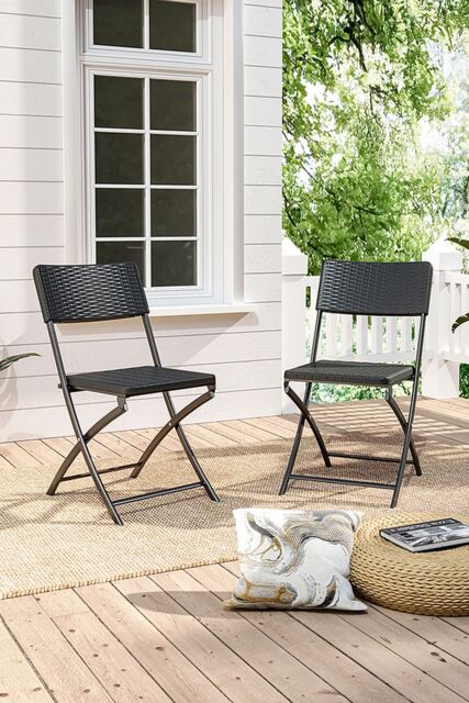 Living and Home Set of 2 Outdoor Rattan Plastic Folding Chairs in Black - image 1