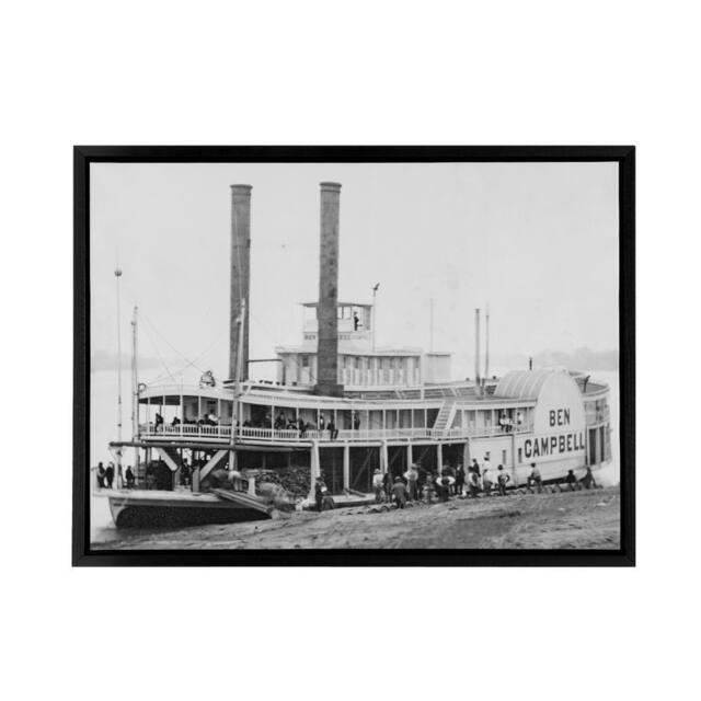"Artery8 River Steamboat Ben Campbell At Landing Framed Canvas Wall Art Print in Grey - Size: W12"" x H16""" - image 1
