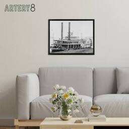 "Artery8 River Steamboat Ben Campbell At Landing Framed Canvas Wall Art Print in Grey - Size: W12"" x H16""" - thumbnail 3