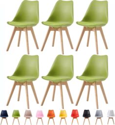 MCC Direct Set of 6 Dining Chairs with Solid Wooden Legs & Seat Cushions Eva in Green