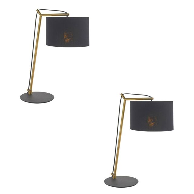 Loops 2 PACK Brass Plated Angular Table Lamp - Black Base & Cotton Shade - Desk Light - image 1