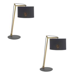 Loops 2 PACK Brass Plated Angular Table Lamp - Black Base & Cotton Shade - Desk Light - thumbnail 1