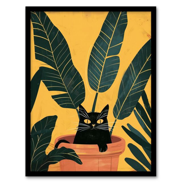 Artery8 Cat Lover Mischievous Pet in Tropical Plant Pot Framed Art Print in Green - Size: A4 - image 1