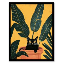 Artery8 Cat Lover Mischievous Pet in Tropical Plant Pot Framed Art Print in Green - Size: A4 - thumbnail 1