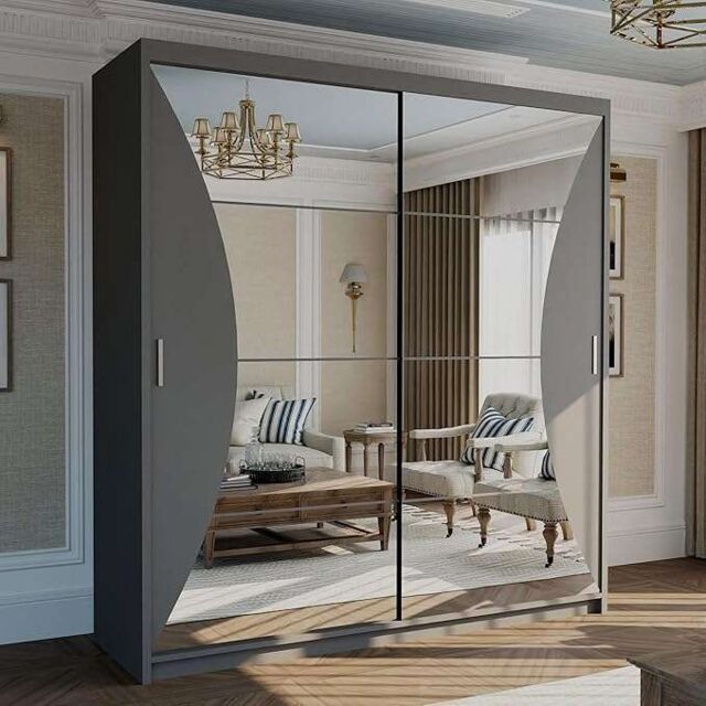 MN Furniture Canberra Sliding Wardrobe with Mirror & LED Light 203cm x 217cm in Grey - Size: 203 cm x 217 cm - image 1