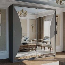 MN Furniture Canberra Sliding Wardrobe with Mirror & LED Light 203cm x 217cm in Grey - Size: 203 cm x 217 cm - thumbnail 1
