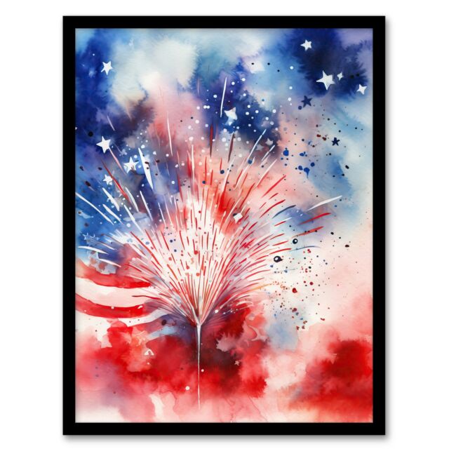 Artery8 Wall Art Print The Stars & Stripes Salute Abstract Watercolour 4th July Independence Day USA Fireworks Art Framed - Size: A4 - image 1