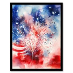 Artery8 Wall Art Print The Stars & Stripes Salute Abstract Watercolour 4th July Independence Day USA Fireworks Art Framed - Size: A4 - thumbnail 1