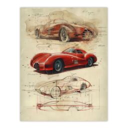 "Artery8 Wall Art Print Red Sports Car Design Sketch Drawing Poster - Size: W12"" x H16""" - thumbnail 1