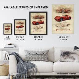 "Artery8 Wall Art Print Red Sports Car Design Sketch Drawing Poster - Size: W12"" x H16""" - thumbnail 3