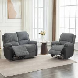 FURNITURE ONE Manual Reclining Sofa Set, Corduroy Fabric - 1+2 Sofa Set in Grey - Size: 1 Pack - thumbnail 2