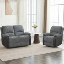 FURNITURE ONE Manual Reclining Sofa Set, Corduroy Fabric - 1+2 Sofa Set in Grey - Size: 1 Pack - thumbnail 4