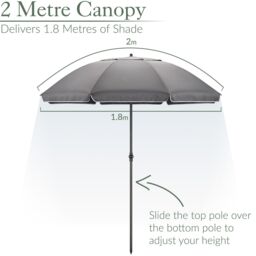 Christow Portable Beach Parasol Tilting Garden Sunshade Umbrella UV Resistant 2m in Grey - thumbnail 3