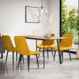 More4Homes Haydon Extending Dining Table & Chairs- Oak Effect Table Top w Black Legs + Nova Velvet Dining Chair Set Of 6 in Mustard - thumbnail 1