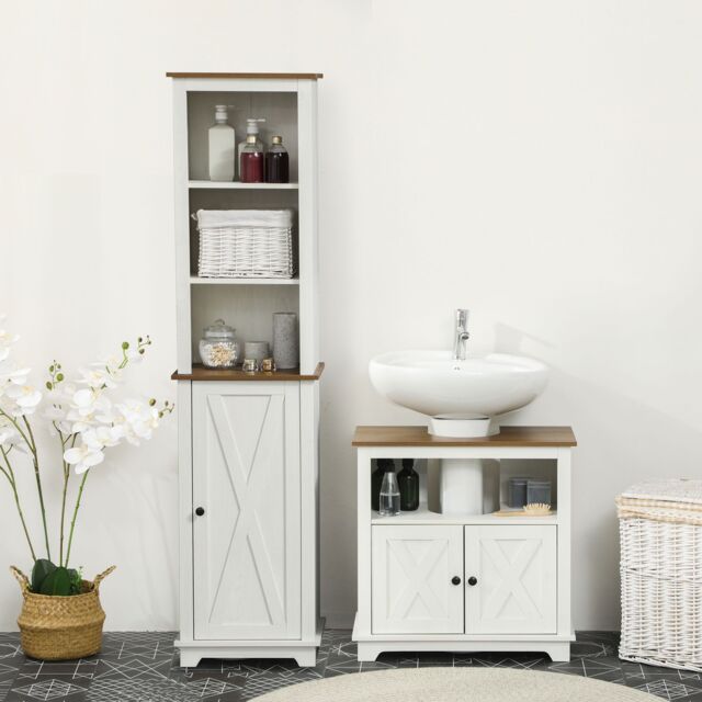 Kleankin 2 Piece Bathroom Furniture Set with Shelves, Ash Wood Effect in White - image 1