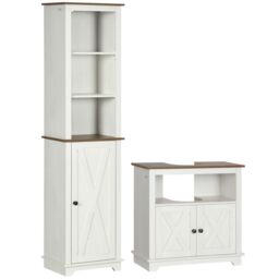 Kleankin 2 Piece Bathroom Furniture Set with Shelves, Ash Wood Effect in White - thumbnail 2