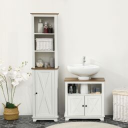 Kleankin 2 Piece Bathroom Furniture Set with Shelves, Ash Wood Effect in White - thumbnail 1