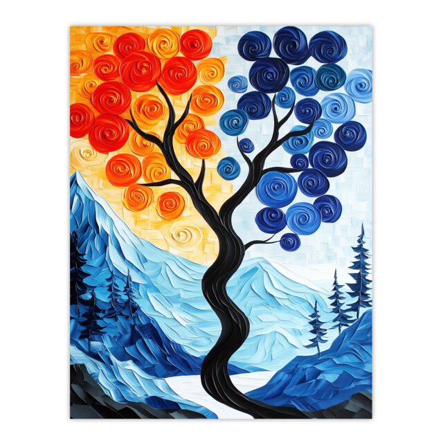 "Artery8 Autumn To Winter Tree Folk Art Mountain Landscape Wall Art Print in Blue - Size: W12"" x H16""" - image 1