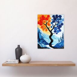"Artery8 Autumn To Winter Tree Folk Art Mountain Landscape Wall Art Print in Blue - Size: W12"" x H16""" - thumbnail 4