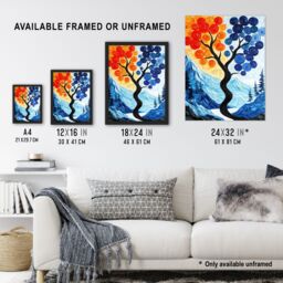 "Artery8 Autumn To Winter Tree Folk Art Mountain Landscape Wall Art Print in Blue - Size: W12"" x H16""" - thumbnail 3