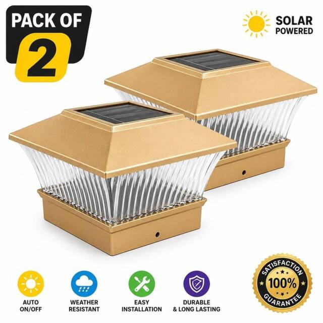 FLAVORA 2 x Solar Powered White LED Outdoor Post Deck Cap Square Fence Lights in Gold - image 1