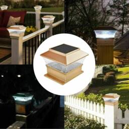 FLAVORA 2 x Solar Powered White LED Outdoor Post Deck Cap Square Fence Lights in Gold - thumbnail 6