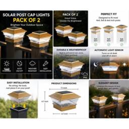 FLAVORA 2 x Solar Powered White LED Outdoor Post Deck Cap Square Fence Lights in Gold - thumbnail 4