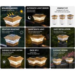 FLAVORA 2 x Solar Powered White LED Outdoor Post Deck Cap Square Fence Lights in Gold - thumbnail 7